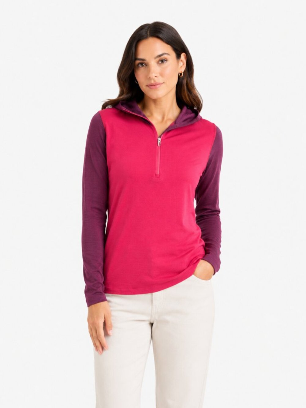 ICEBREAKER PURPLE PINK BODYFIT 200 MERINO WOOL RAGLAN SLEEVE HOODED LONG TEE TOP